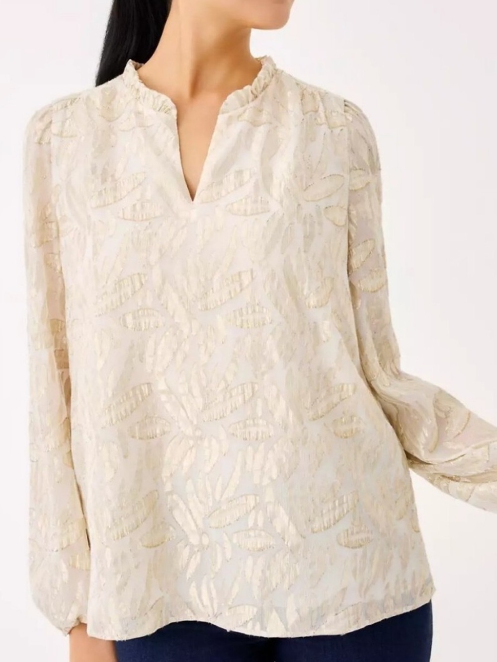 Lilly Pulitzer Giana Silk Metallic Top Gold White Floral Blouse Ruffle V-Neck L